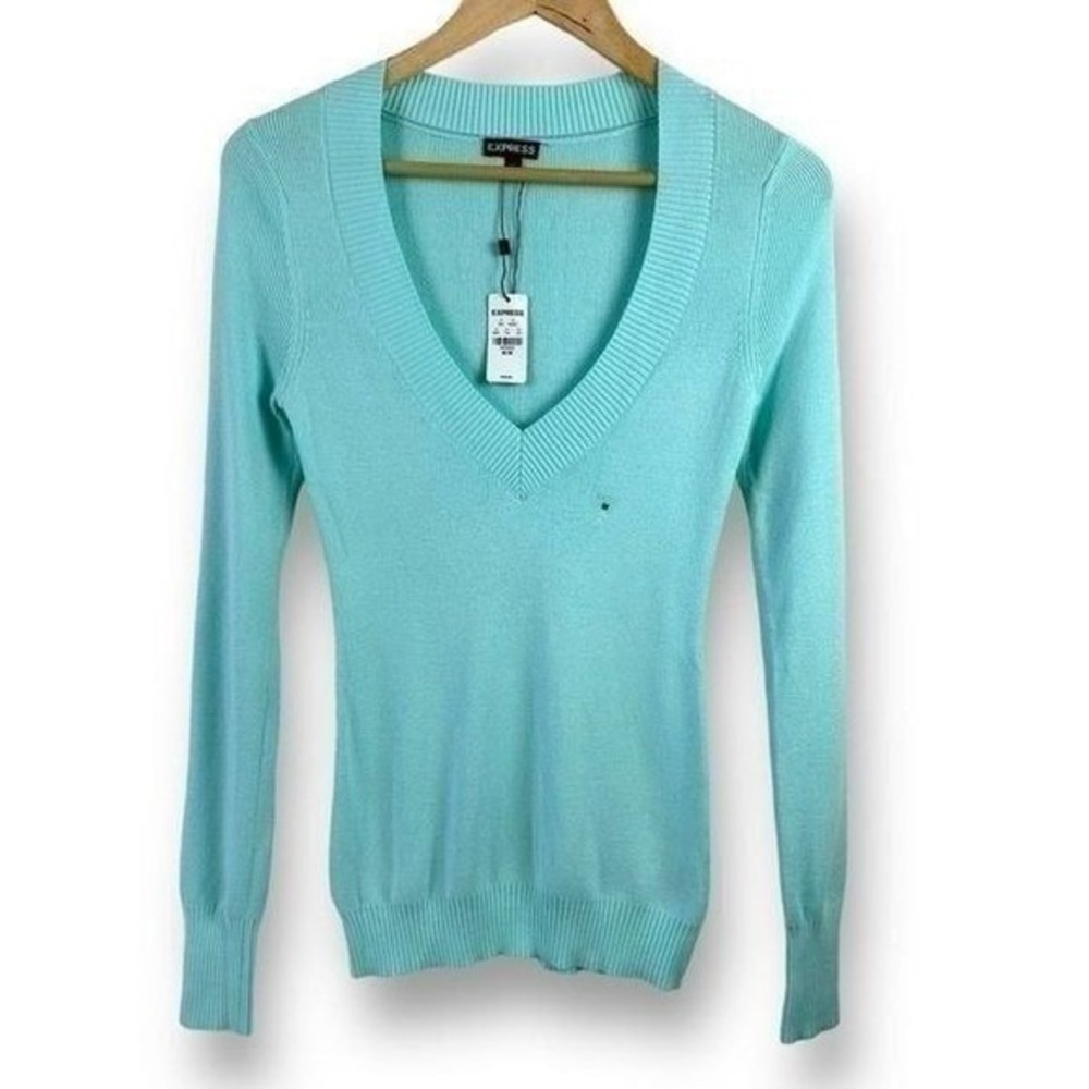 Express Womens V-Neck Sweater Mint Aqua Blue Ribbed Knit Pullover Size M‎ NEW